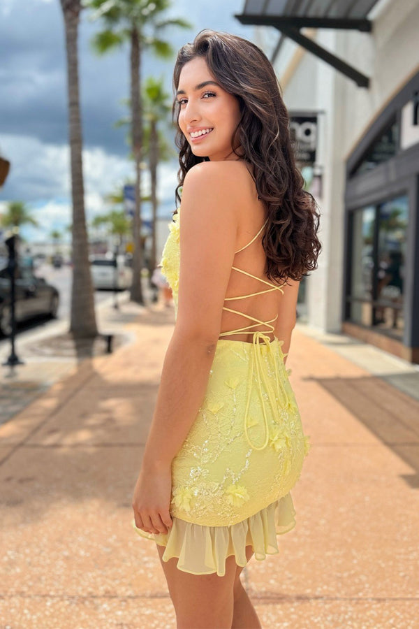 Bodycon V Neck Yellow Flowers Homecoming Dress Party Dress-Tirdress