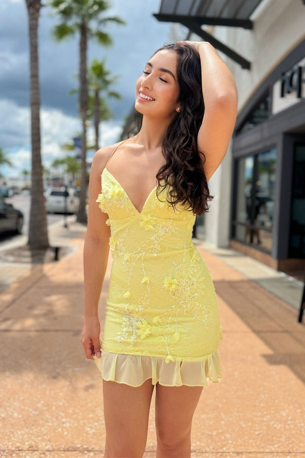 Bodycon V Neck Yellow Flowers Homecoming Dress Party Dress-Tirdress
