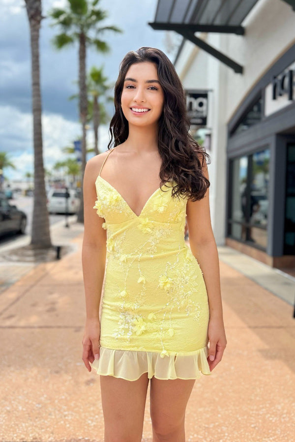 Bodycon V Neck Yellow Flowers Homecoming Dress Party Dress-Tirdress