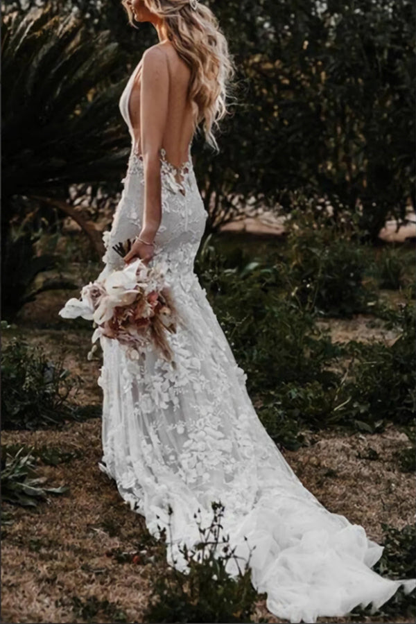 Bohemian Mermaid Wedding Dress Flower Appliques V Neck Bridal Gown-Tirdress