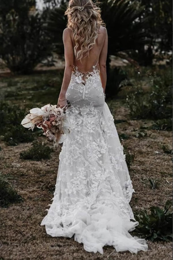 Bohemian Mermaid Wedding Dress Flower Appliques V Neck Bridal Gown-Tirdress