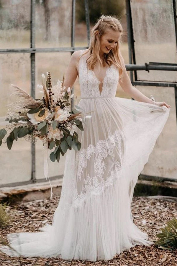 Bohemian Wedding Dress A-line V-Neck Lace Beach Bridal Gown-Tirdress