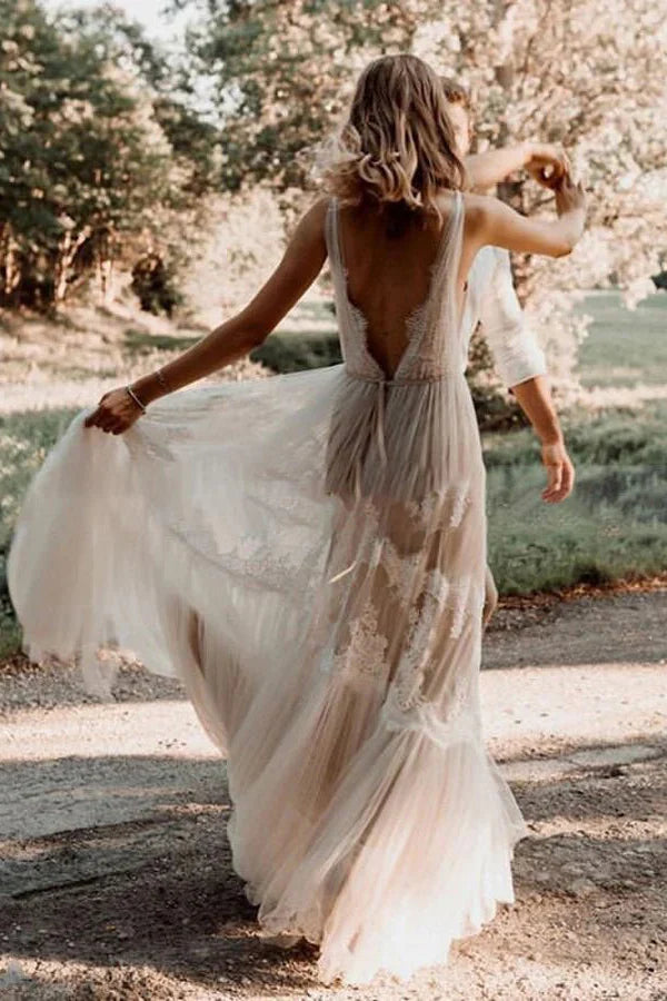 Bohemian Wedding Dress A-line V-Neck Lace Beach Bridal Gown-Tirdress