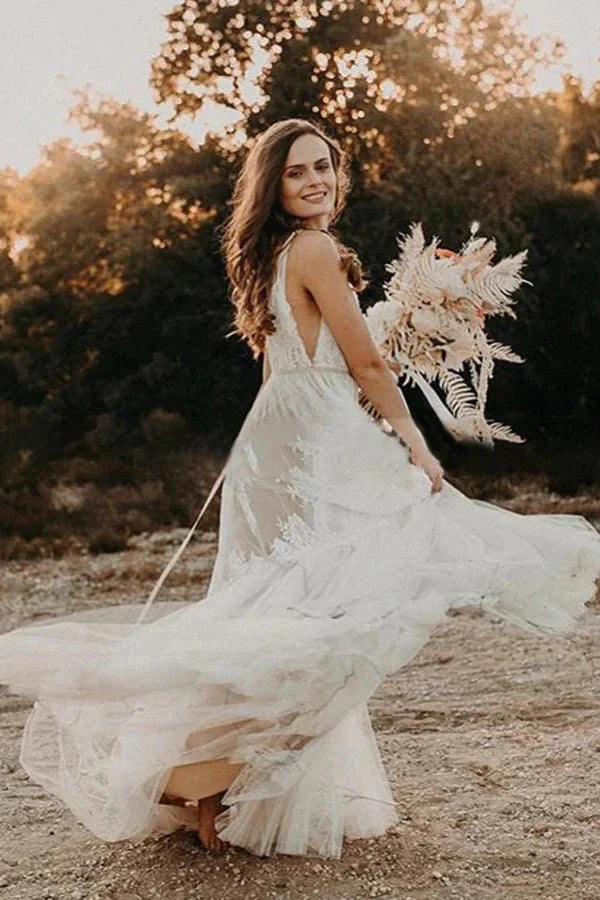 Bohemian Wedding Dress A-line V-Neck Lace Beach Bridal Gown-Tirdress
