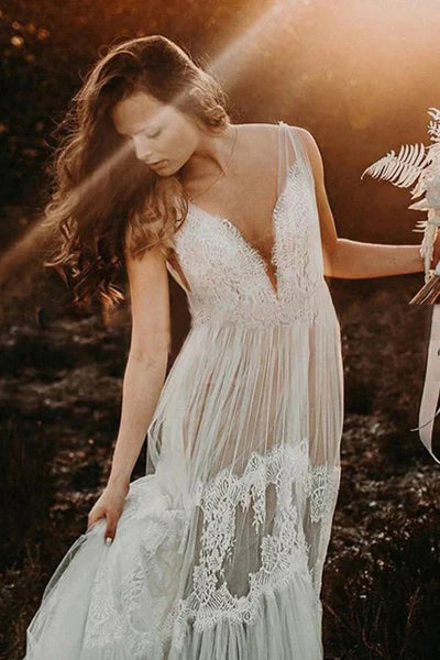 Bohemian Wedding Dress A-line V-Neck Lace Beach Bridal Gown US14 / Ivory