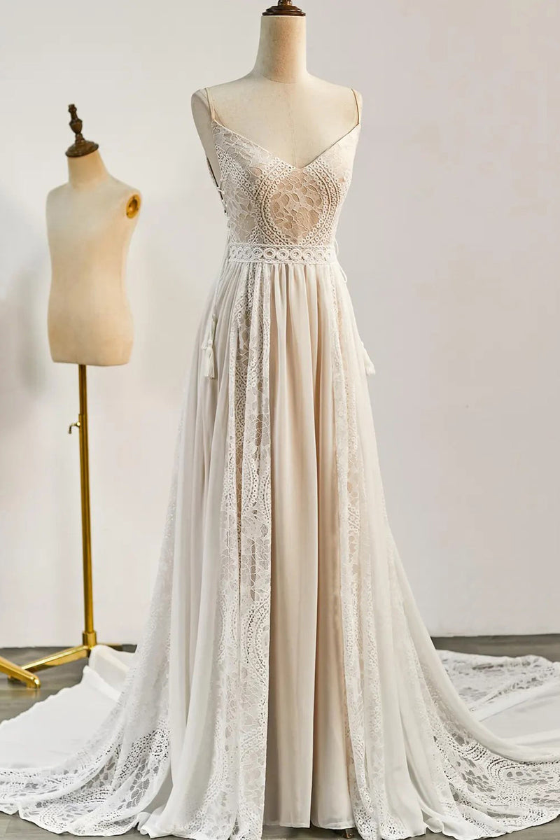 Bohemian Wedding Dress Lace V Neck Long Elegant Bridal Gown-Tirdress