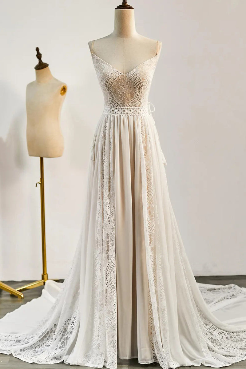 Bohemian Wedding Dress Lace V Neck Long Elegant Bridal Gown-Tirdress