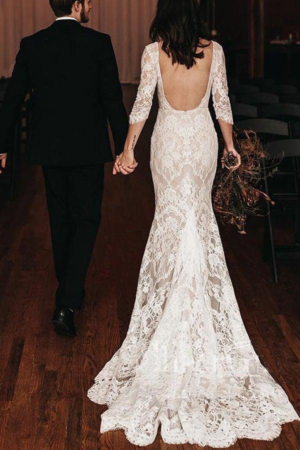 Boho Lace V Neck Long Sleeve Mermaid Rustic Wedding Dresses TN368-Tirdress