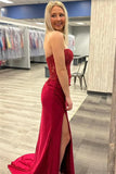 Burgundy Strapless Mermaid Appliques Long Prom Dress with Slit TP1251-Tirdress