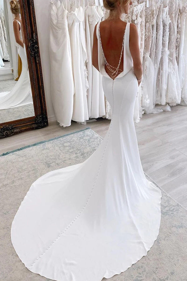 Charming Mermaid V Neck Satin Modest Long Wedding Dress TD0027-Tirdress