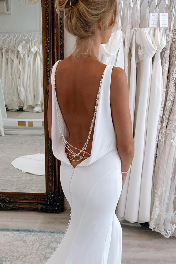Charming Mermaid V Neck Satin Modest Long Wedding Dress TD0027-Tirdress