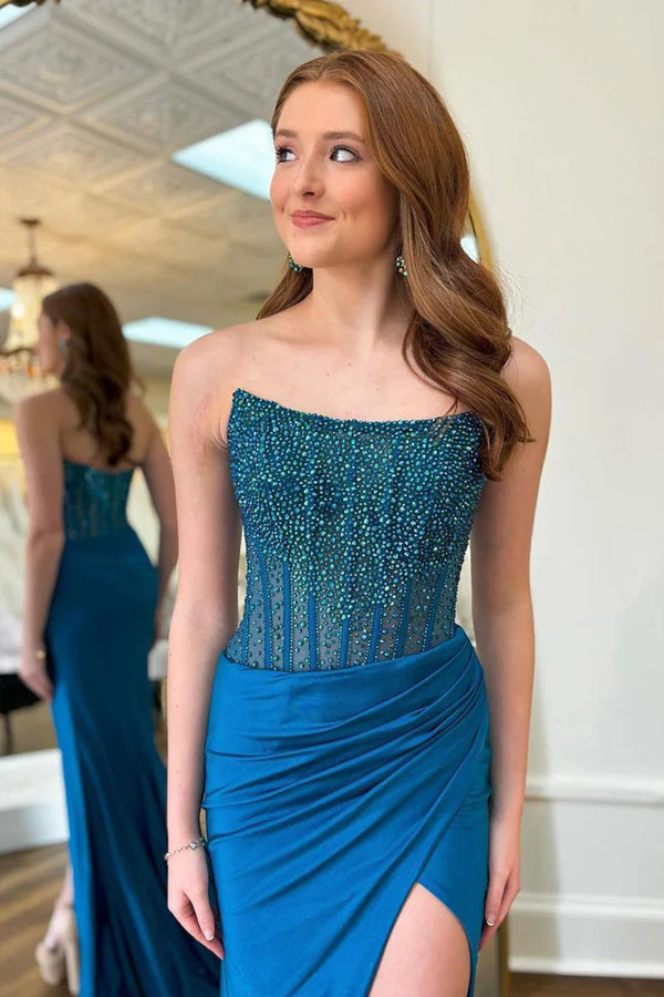 Charming Round Neck Mermaid Blue Prom Dress with Beading TP1339-Tirdress