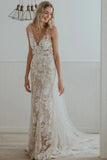 Chic Sheath Column V Neck Floral Lace Rustic Wedding Dress Bridal Gown TN372-Tirdress
