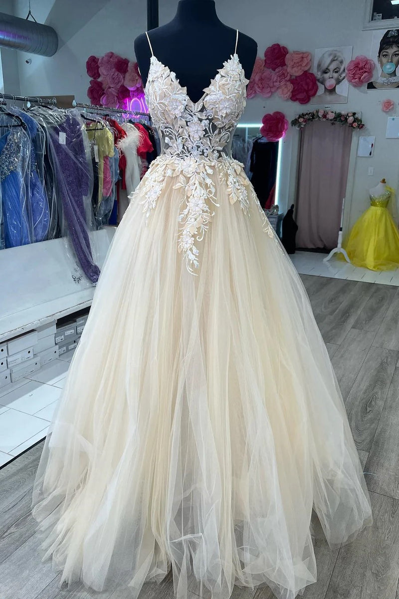 Cream Tulle Appliques Spaghetti Strap A-Line Long Prom Dress TP1255-Tirdress