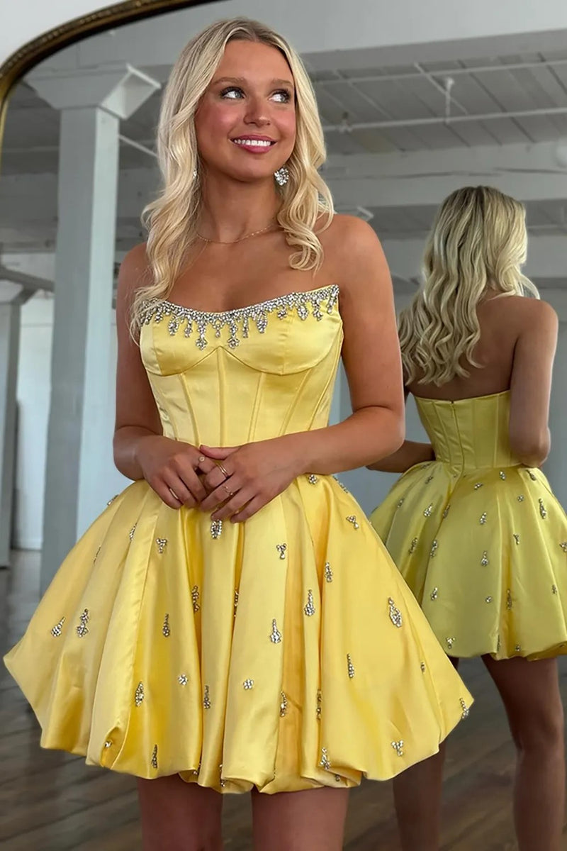 Cute A Line Satin Short Corset Yellow Homecoming Dress with Beading-Tirdress