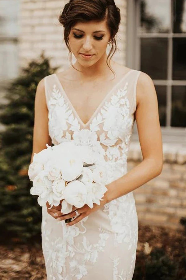Deep V-neck Lace Wedding Dress Mermaid Bridal Gown TD0008-Tirdress