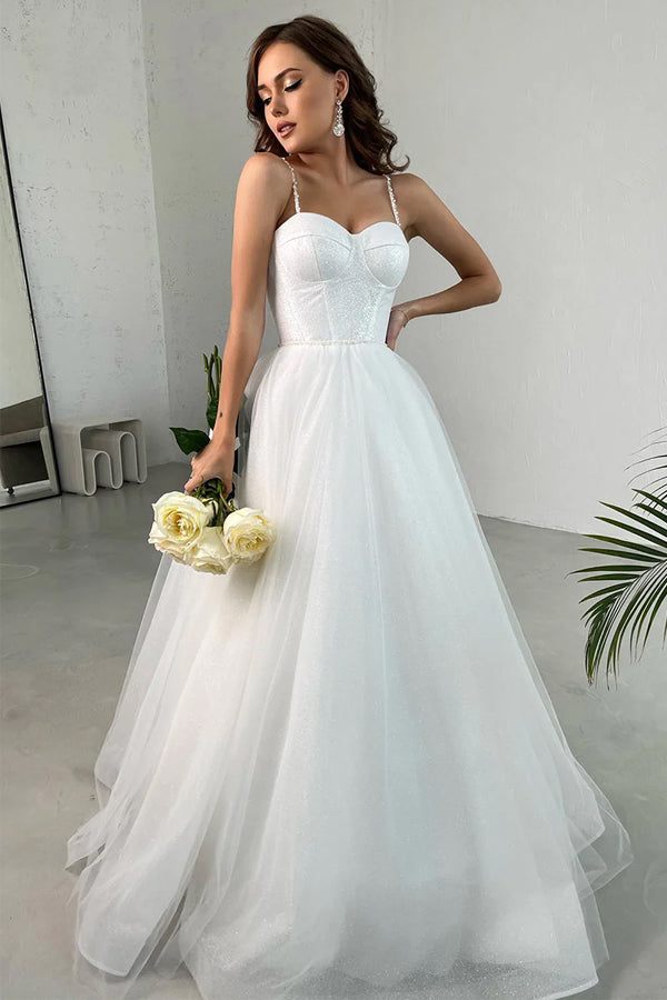 Elegant A-Line Spaghetti Straps Sweetheart Tulle Simple Wedding Dress TN363-Tirdress