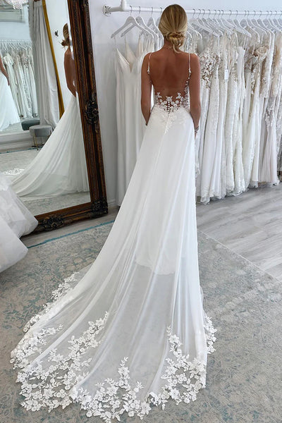 Elegant A-Line Spaghetti Straps V-Neck Lace Appliques Wedding Dress US18 / Ivory Elegant A-Line Spaghetti Straps V-Neck Lace Appliques Wedding Dress US18 / Ivory