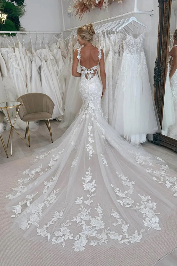 Elegant Mermaid Square Neck Lace Wedding Dress with Appliques-Tirdress