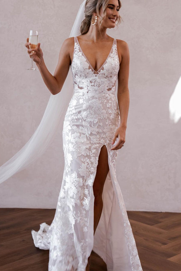 Elegant Mermaid V Neck Lace Boho Wedding Dresses with Slit TN386-Tirdress
