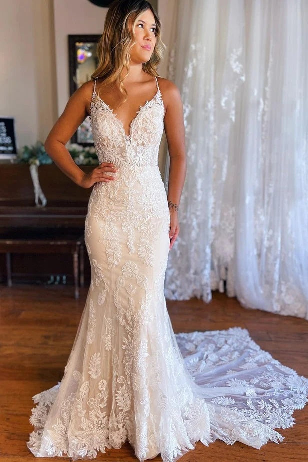 fitted lace wedding dress Elegant Mermaid V Neck with Appliques TN389 Custom Size / As Picture Hand Embroidered Floral Halter As shown in ivory Trendy Valentine Color:printing12-24