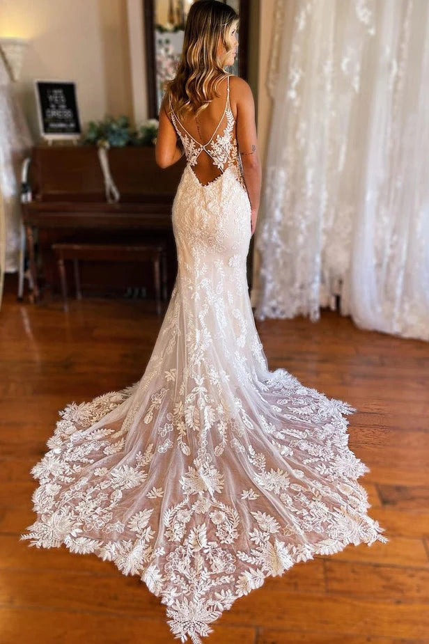Elegant Mermaid V Neck Lace Wedding Dresses with Appliques TN389-Tirdress