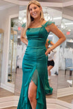 Emerald Green Square Neck Ruffle Slit Prom Dress Formal Dress TP1270-Tirdress