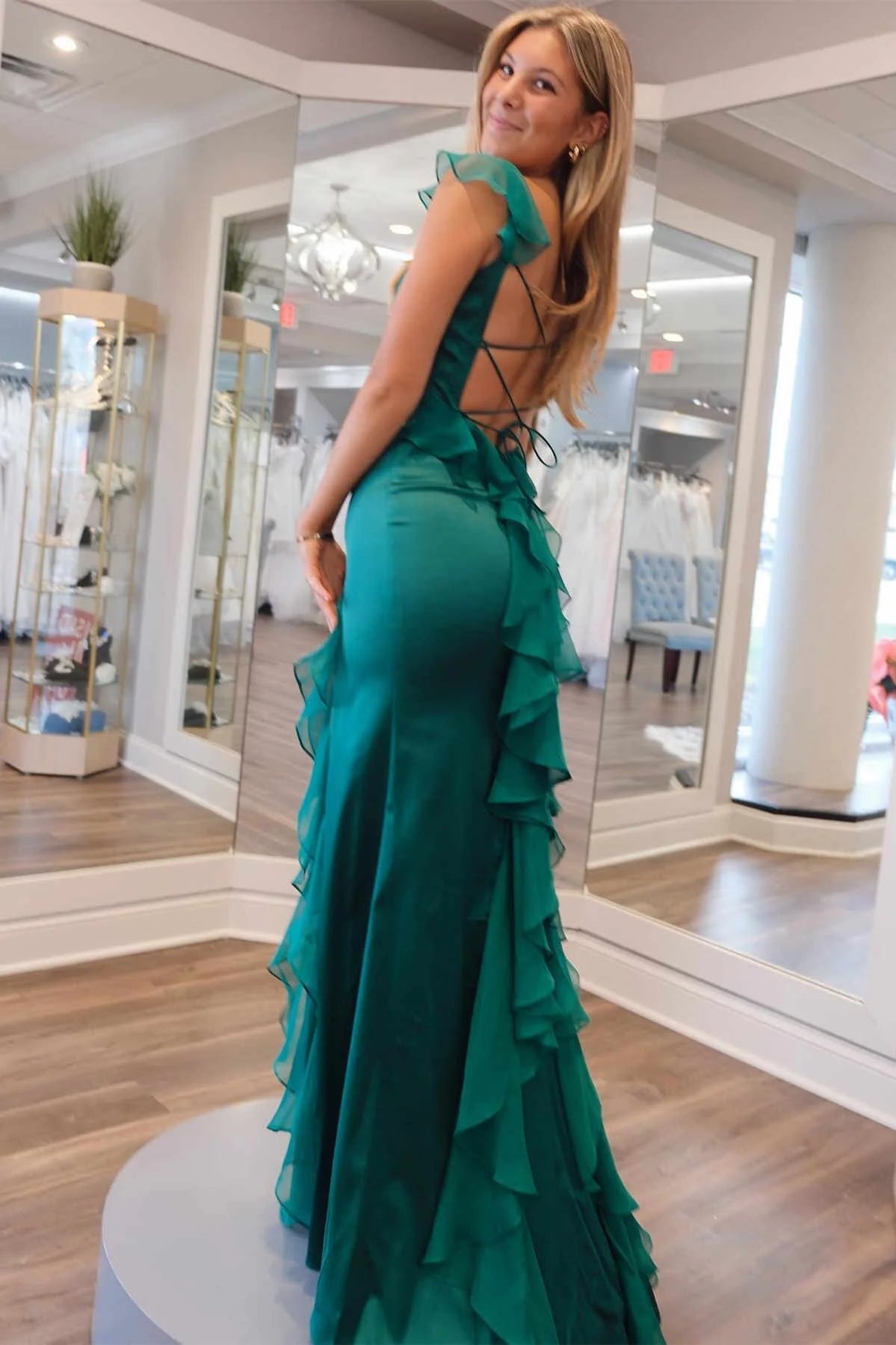 Emerald Green Square Neck Ruffle Slit Prom Dress Formal Dress TP1270-Tirdress