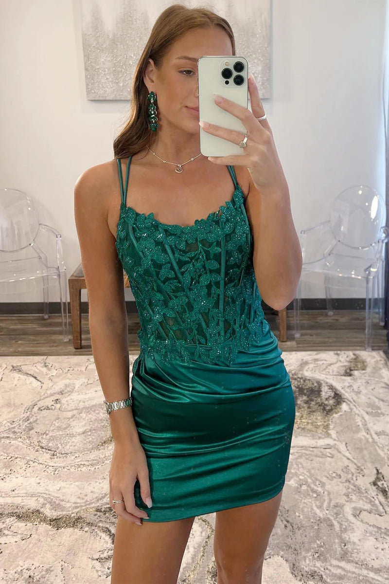 Emerald Green Straps Lace Appliques Tight Homecoming Dress Party Dress-Tirdress