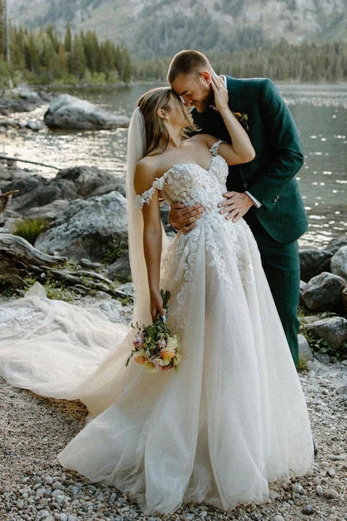 Fairy A Line Off the Shoulder Appliques Long Wedding Dresses Bridal Gown TN384-Tirdress