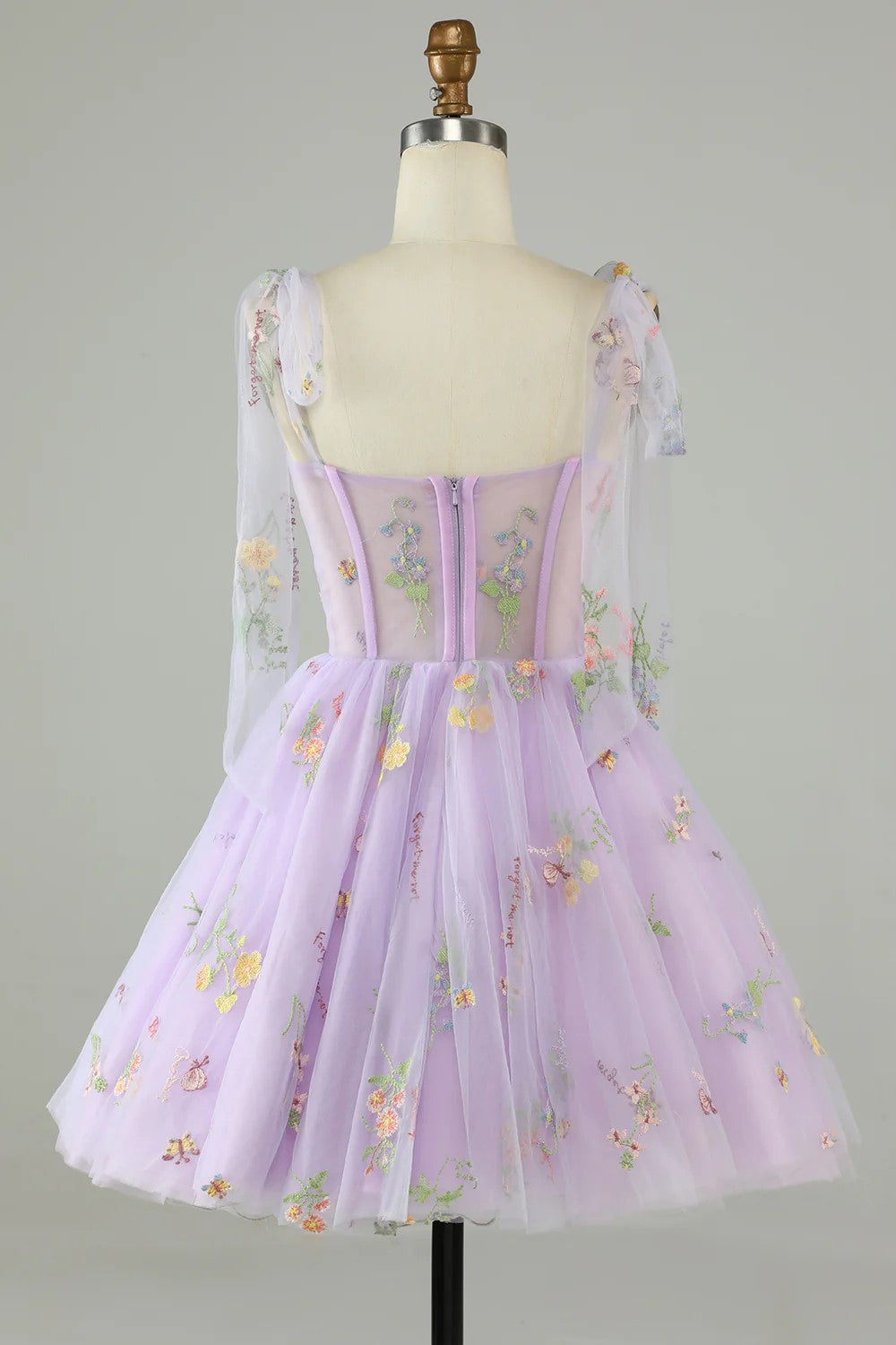 Floral Lavender Tulle Short Homecoming Dress with Embroidery-Tirdress