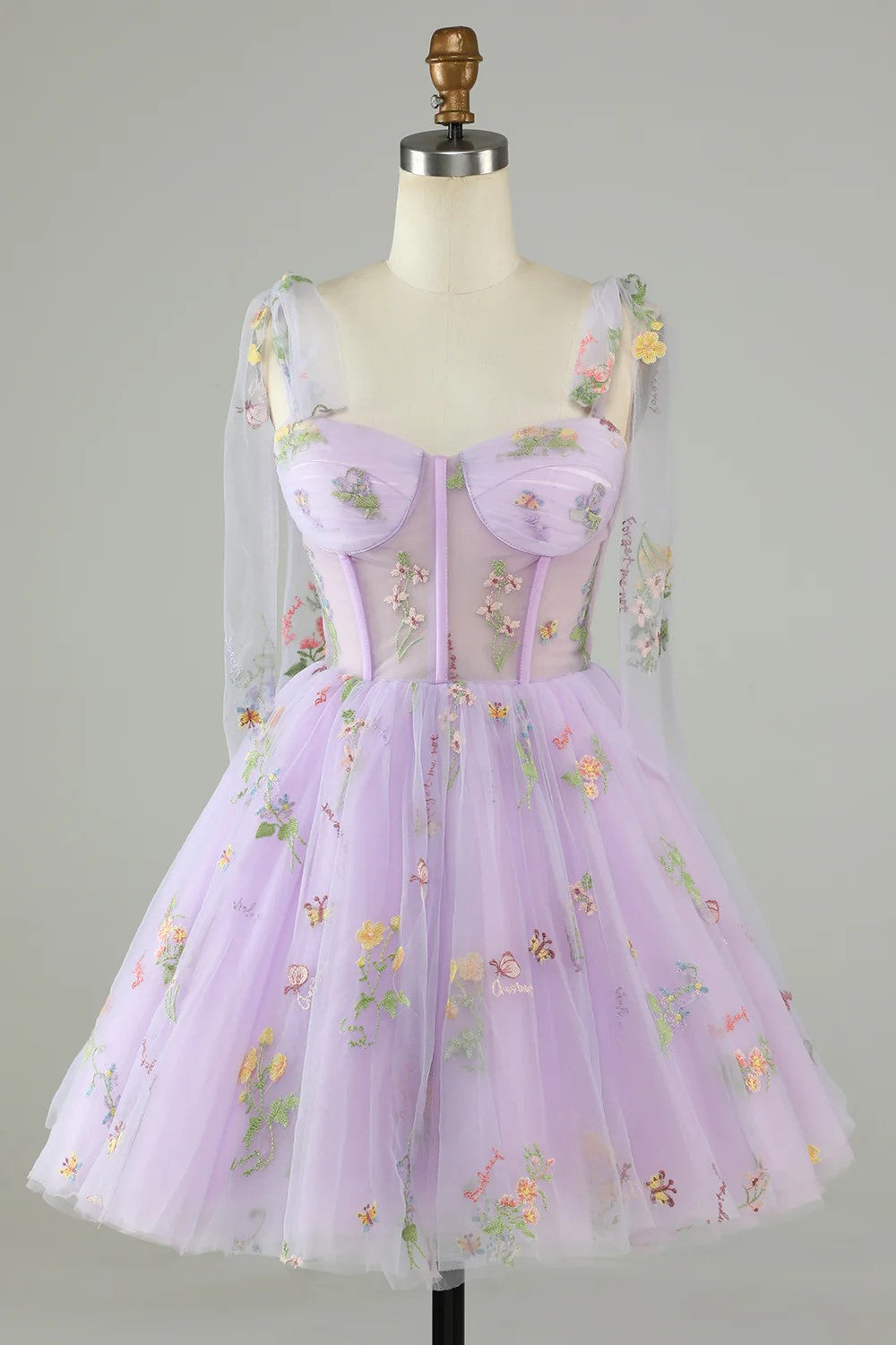 Floral Lavender Tulle Short Homecoming Dress with Embroidery-Tirdress
