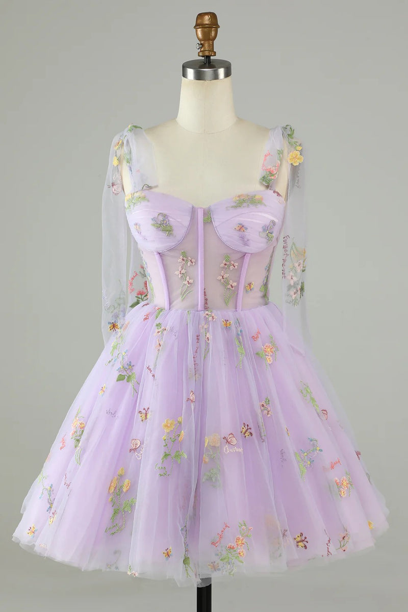 Floral Lavender Tulle Short Homecoming Dress with Embroidery-Tirdress
