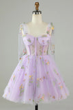 Floral Lavender Tulle Short Homecoming Dress with Embroidery