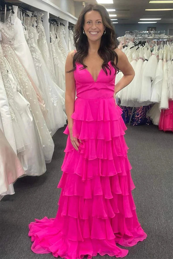 Fuchsia V-Neck Straps Ruffle Chiffon Prom Dress with Slit TP1278-Tirdress