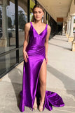 Grape Mermaid Satin V Neck Long Prom Dress with Slit TP1286-Tirdress