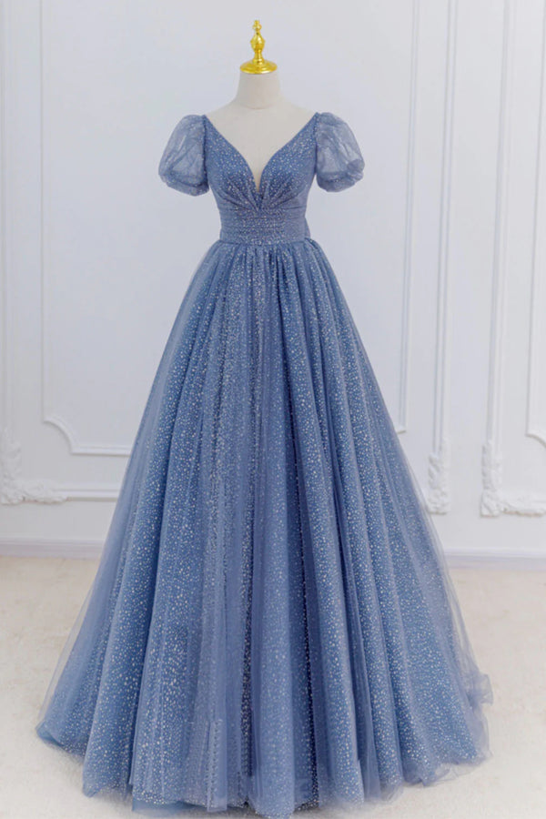 Gray Blue A-Line Tulle Long Prom Dresses Blue Tulle Formal Dresses  TP1228-Tirdress