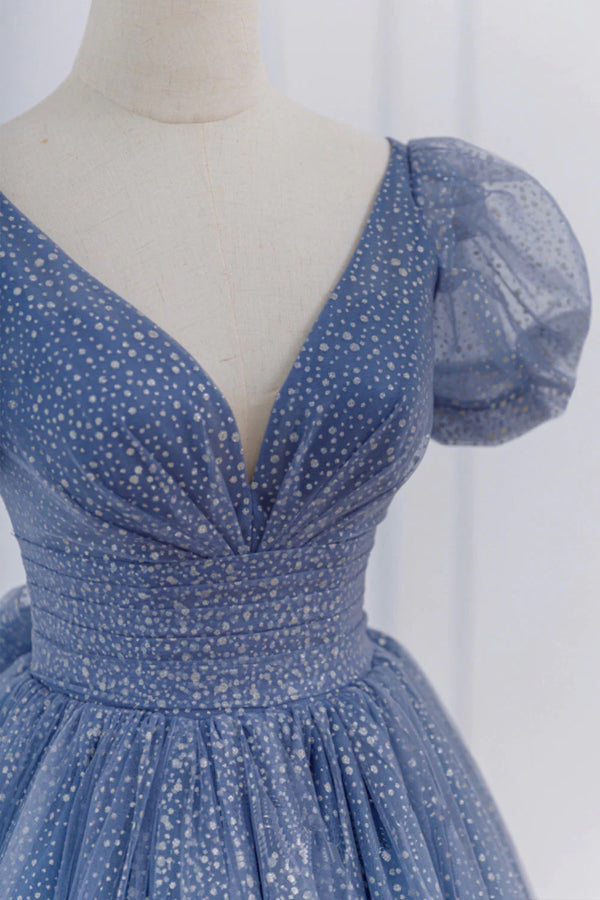 Gray Blue A-Line Tulle Long Prom Dresses Blue Tulle Formal Dresses  TP1228-Tirdress