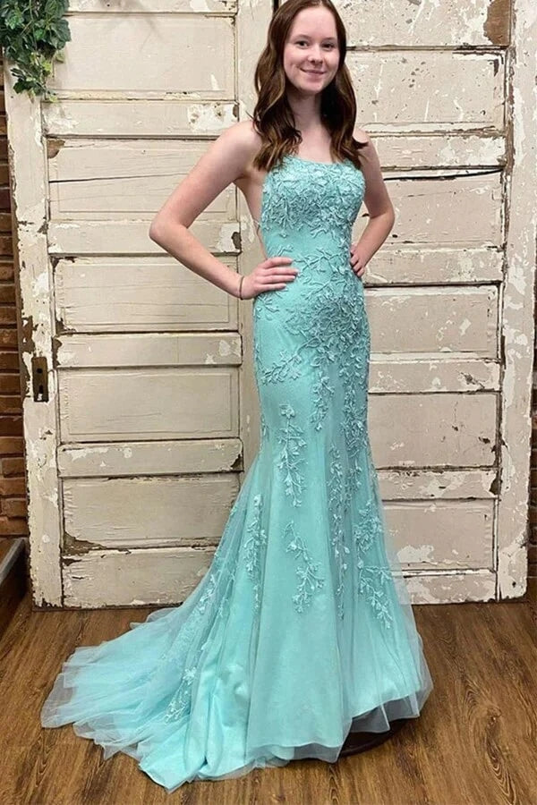 Green Tulle Mermaid Scoop Neck Lace Up Back Prom Dresses TP1226-Tirdress