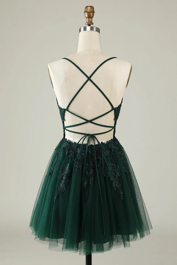 Grey Blue A Line Spaghetti Straps Tulle Short Homecoming Dress TN419-Tirdress
