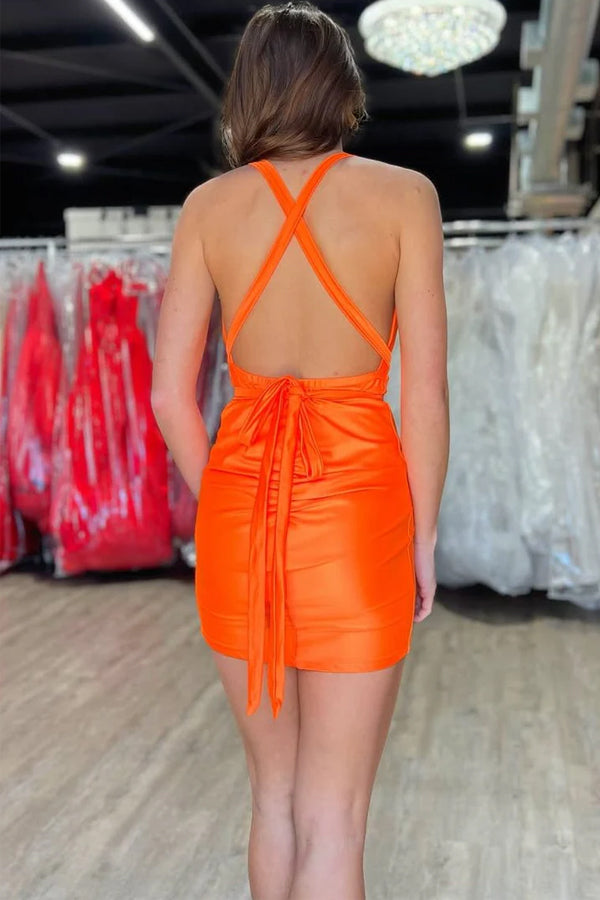 Halter V-Neck Sleeveless Pleats Satin Mini Orange Homecoming Dress-Tirdress