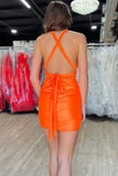 Halter V-Neck Sleeveless Pleats Satin Mini Orange Homecoming Dress-Tirdress