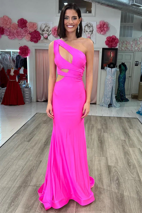 Hot Pink One-Shoulder Cutout Mermaid Long Prom Dress TP1274-Tirdress