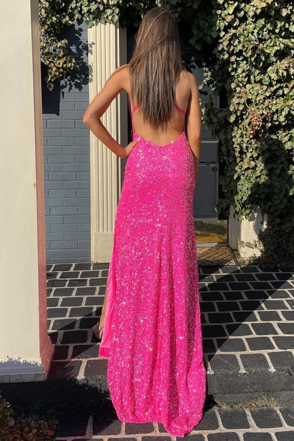 Hot Pink Mermaid Neck Sequins Long Split Front Prom Dress TP1377-Tirdress