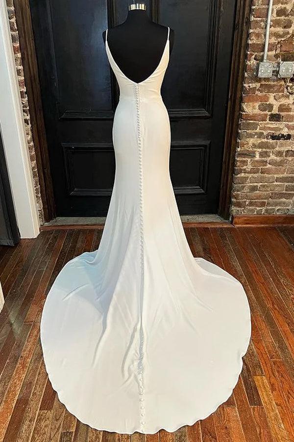 Ivory Cowl Neck Backless Mermaid Long Wedding Dress with Slit TN339 - Tirdress