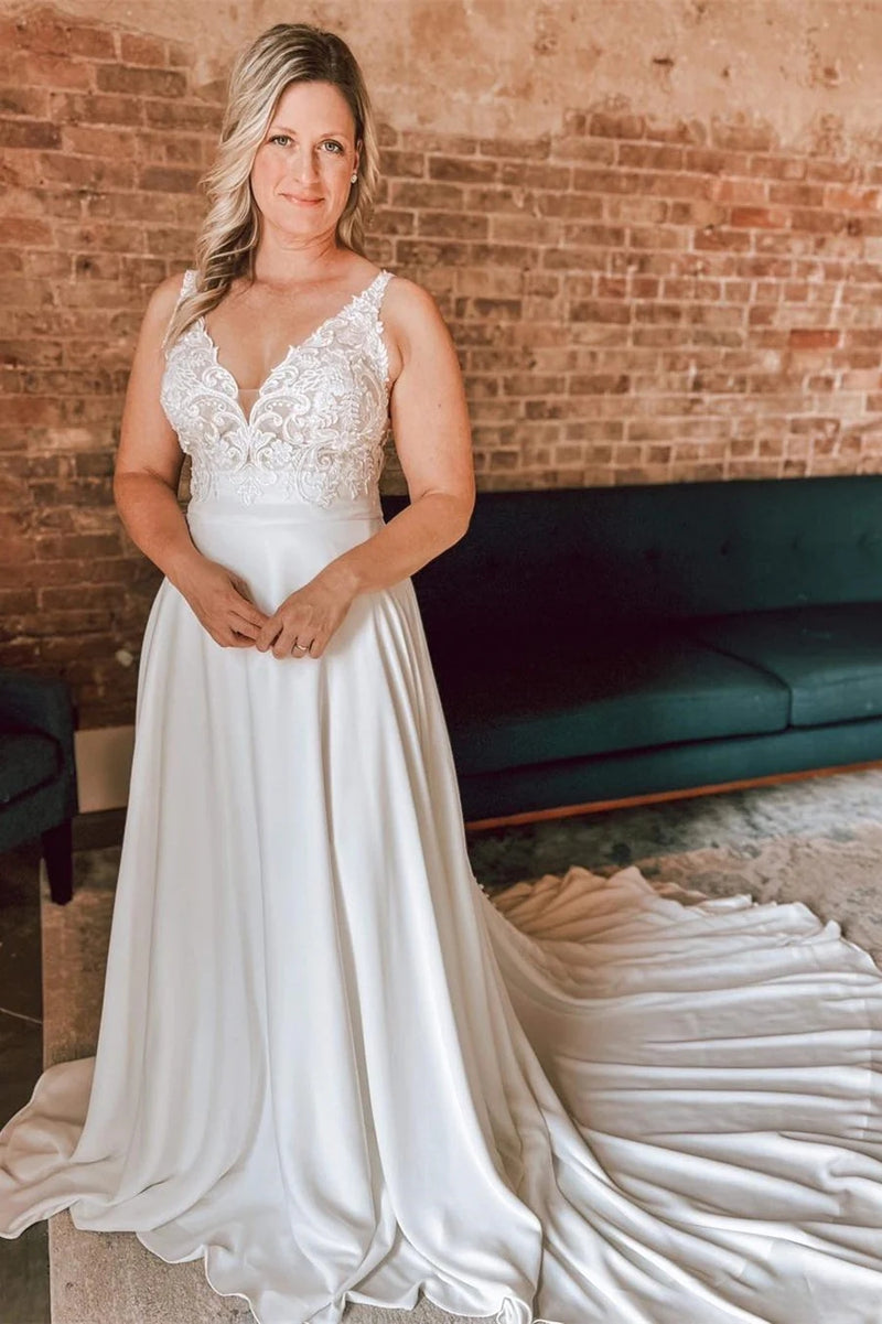 Ivory Floral Lace Open Back Long Bridal Gown Wedding Dresses TN392-Tirdress