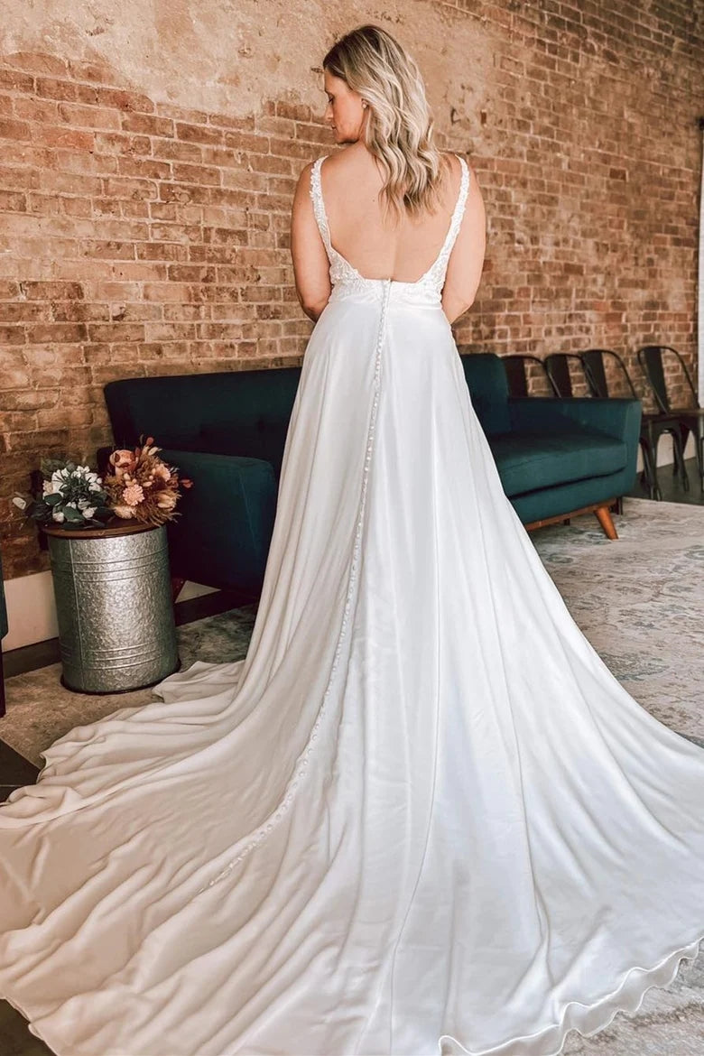 Ivory Floral Lace Open Back Long Bridal Gown Wedding Dresses TN392-Tirdress