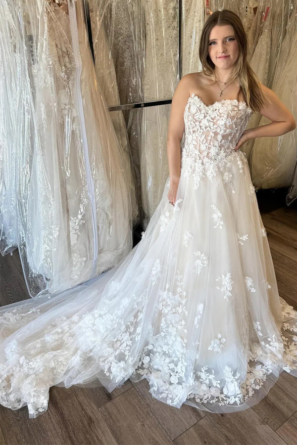 Ivory Strapless A-Line Wedding Dress with Floral Appliques TN403-Tirdress