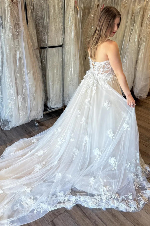 Ivory Strapless A-Line Wedding Dress with Floral Appliques TN403-Tirdress