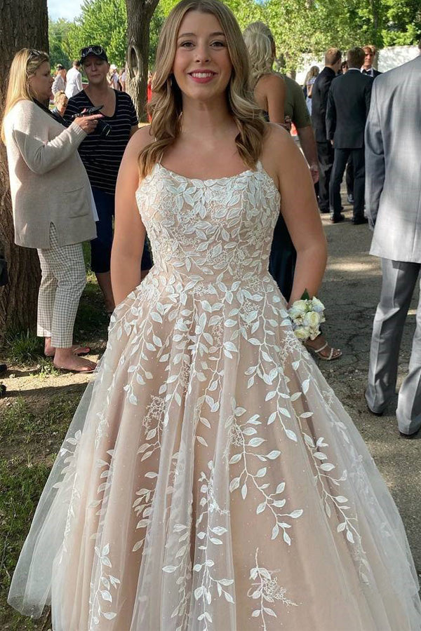 Lace Applique A-Line Champagne Prom Dress with Double Straps TP1357-Tirdress